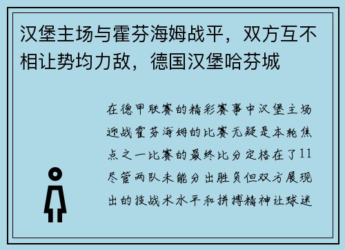 汉堡主场与霍芬海姆战平，双方互不相让势均力敌，德国汉堡哈芬城
