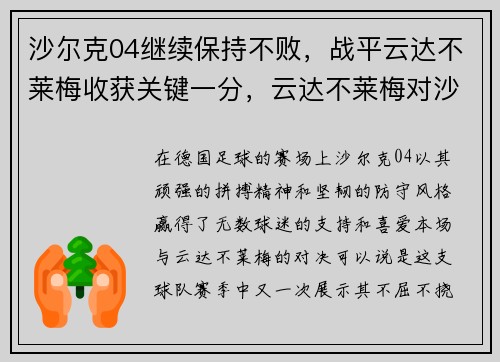 沙尔克04继续保持不败，战平云达不莱梅收获关键一分，云达不莱梅对沙尔克04