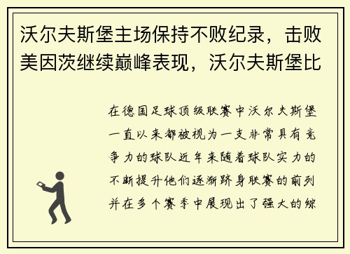 沃尔夫斯堡主场保持不败纪录，击败美因茨继续巅峰表现，沃尔夫斯堡比赛