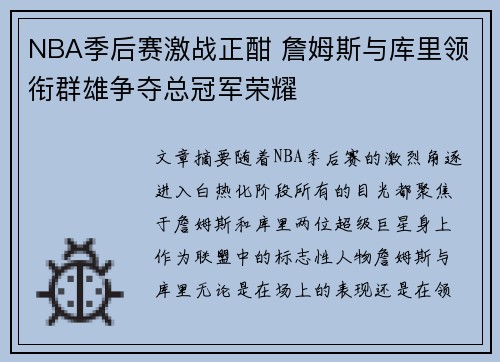 NBA季后赛激战正酣 詹姆斯与库里领衔群雄争夺总冠军荣耀