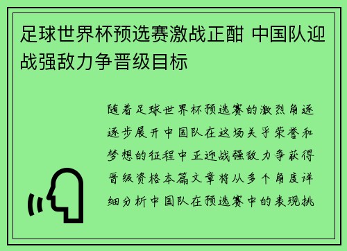 足球世界杯预选赛激战正酣 中国队迎战强敌力争晋级目标