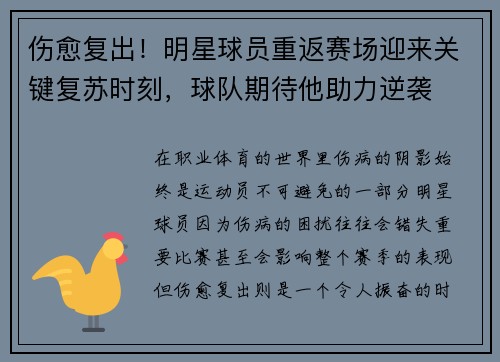 伤愈复出！明星球员重返赛场迎来关键复苏时刻，球队期待他助力逆袭